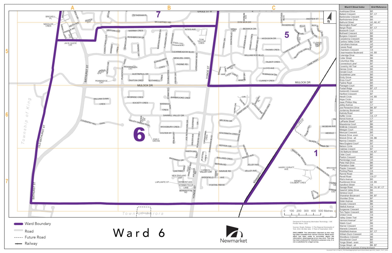 Map of Ward 6 boundaries in Newmarket showing streets and neighbourhoods